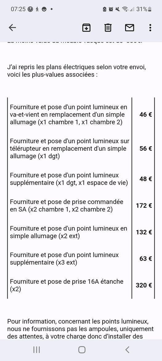 Bjr que pensez vous des tarifs d électricité suivants suite à ajout dans ma construction de quelques prises et point de lumière complémentaire  moi je trouve cela très cher et vous qu en pensez-vous
