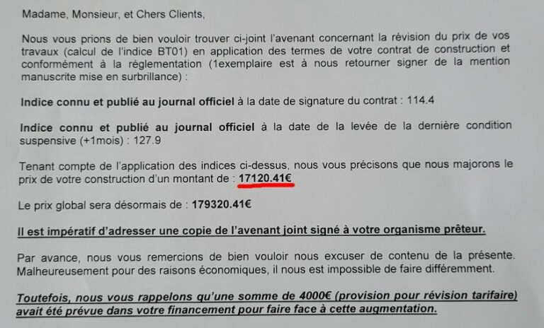 Bonjour à tous, 
C'est un peu désemparée que je vous écris aujourd'hui. 
Voici le courrier en recommandé que j'ai reçu de mon constructeur lundi. Il me demande un montant supplémentaire de 17120€ sur 