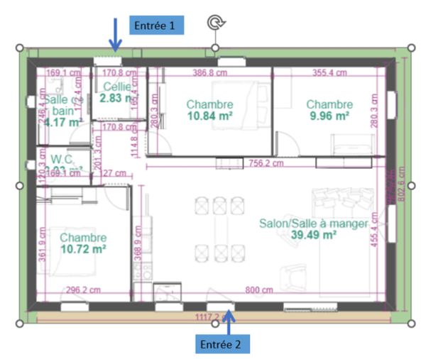 Bonjour, je souhaiterais vous soumettre mon plan de maison avec 2 entrées : une pour les habitués (par le cellier) et l'autre pour les invités :).Si vous avez des remarques ou des conseils, je suis pr