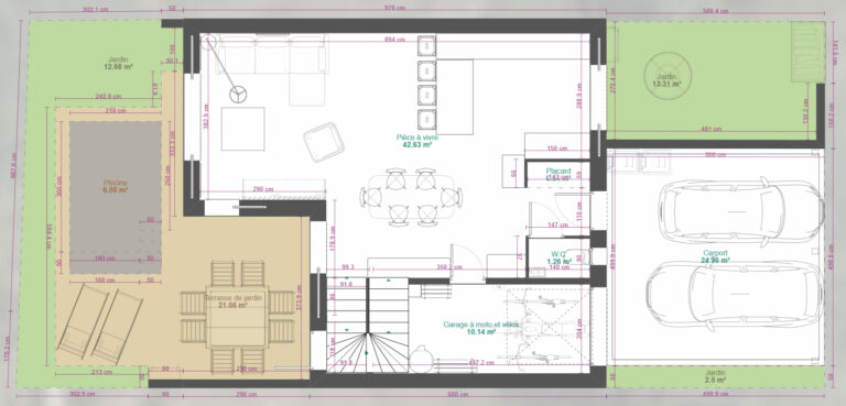 Bonjour,
 Ça se précise pour mon plan sur mon micro terrain.
 Des avis ?
 Par ailleurs, auriez vous des conseils fondation pour coller ou presque, dès la construction la mini-piscine (bassin) de 1,5m 